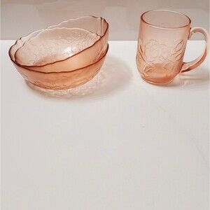 Vintage Glcoloc Embossed Rosaline Floral Pink Glass Salad/Desert Bowls and Mug